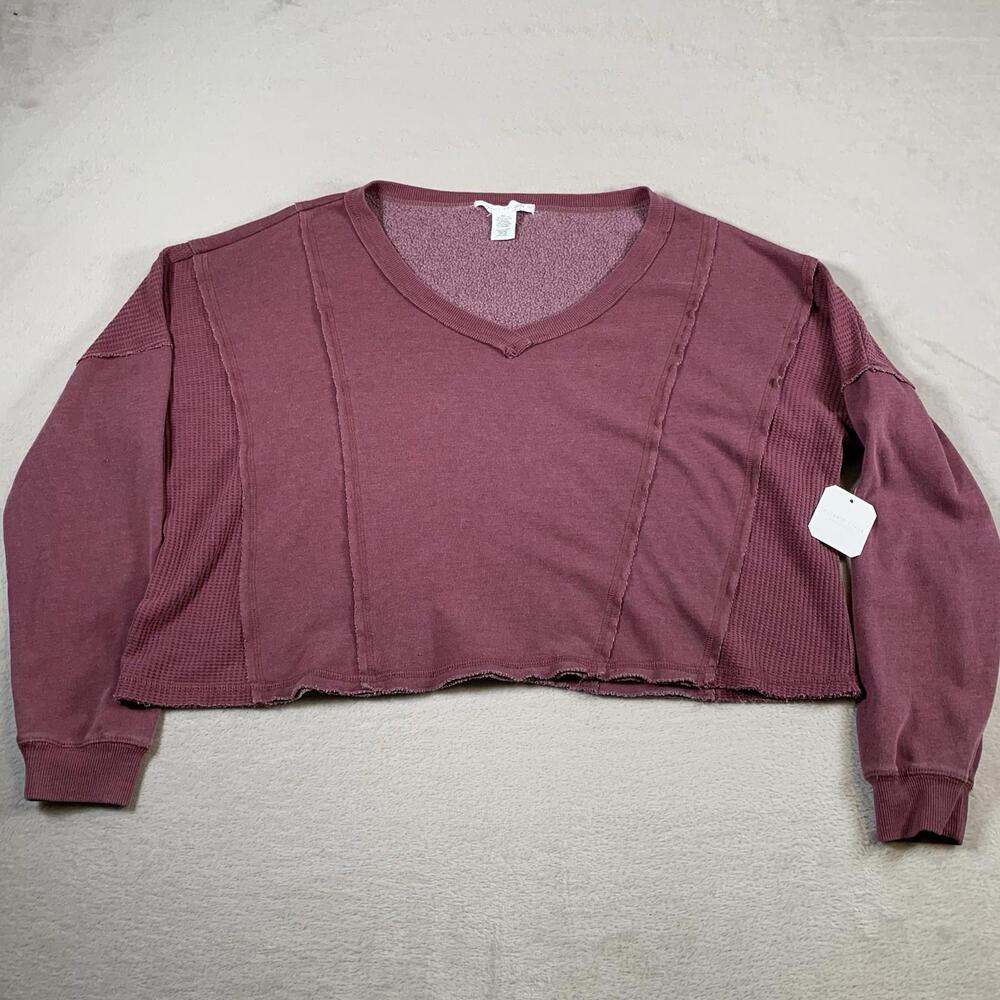 Altar’d State Sweatshirt Womens Large Berry Waffle Knit V-Neck Cropped NEW